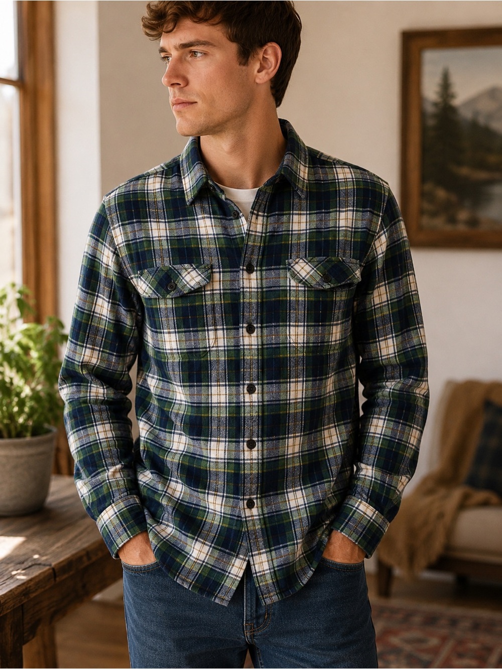 Abercrombie & Fitch Plaid Flannel Shirt Men’s Medium Green Blue Button Front